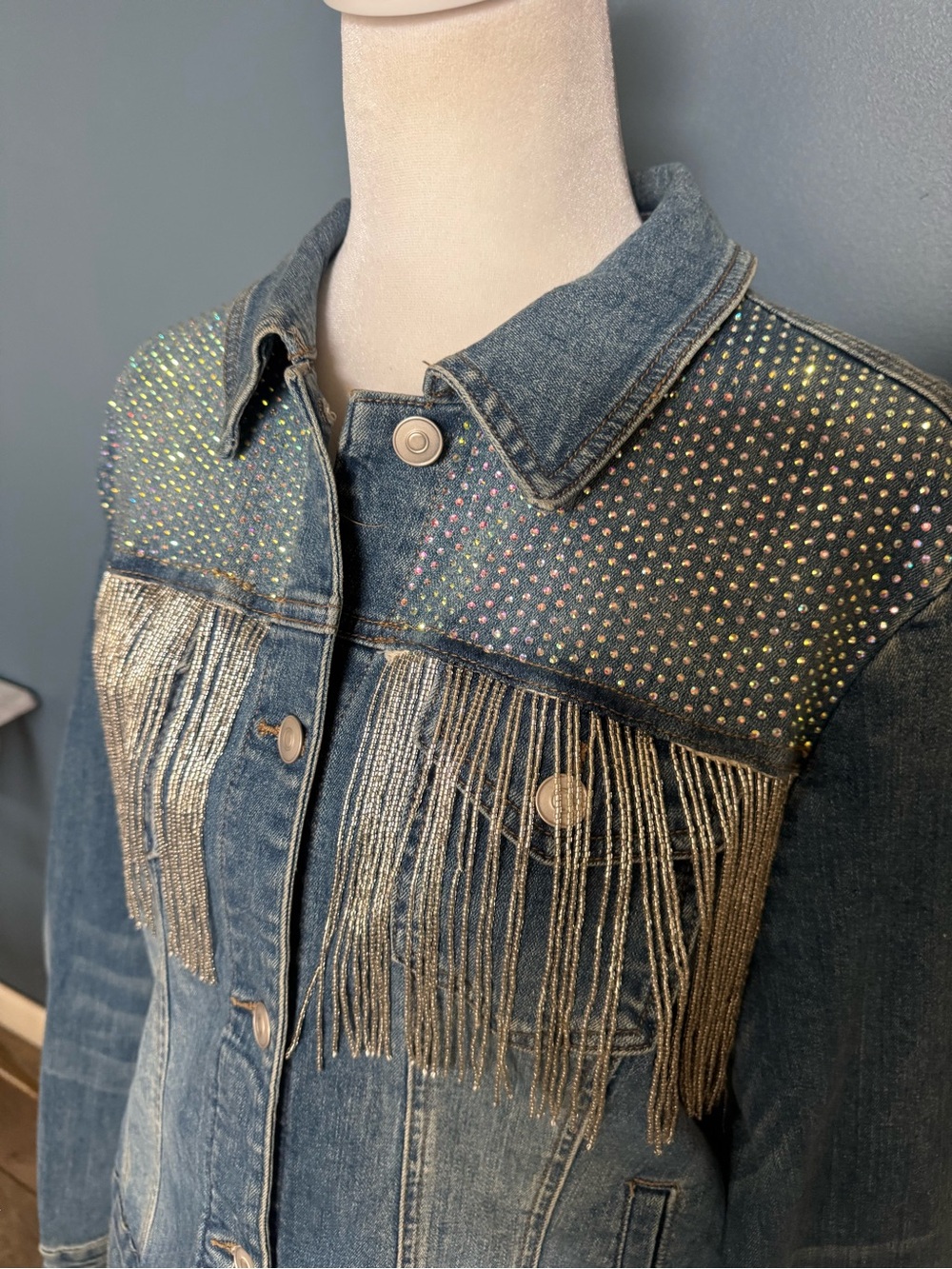 ✨ GORGEOUS Western Glam Rhinestone Fringe Denim Jacket ✨ L - Picture 15 of 15